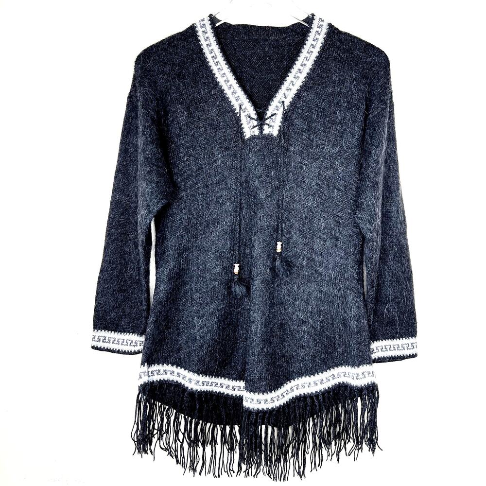 Alpaca Wool Hand Knit Sweater Dark Gray Geometric Trim Tassel Fringe MEDIUM